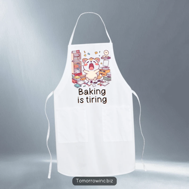 Funny apron showcasing a happy animal character yawning widely, surrounded by scattered, unfinished tasks, while cooking.