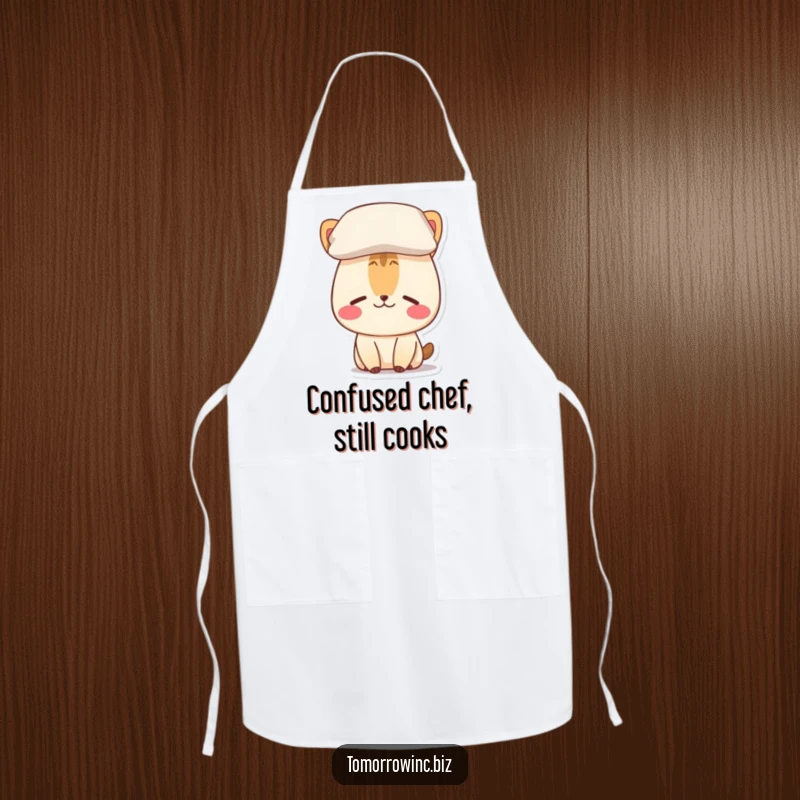 Funny apron print of a confused animal character wearing a pillow on its head while attempting to cook.
