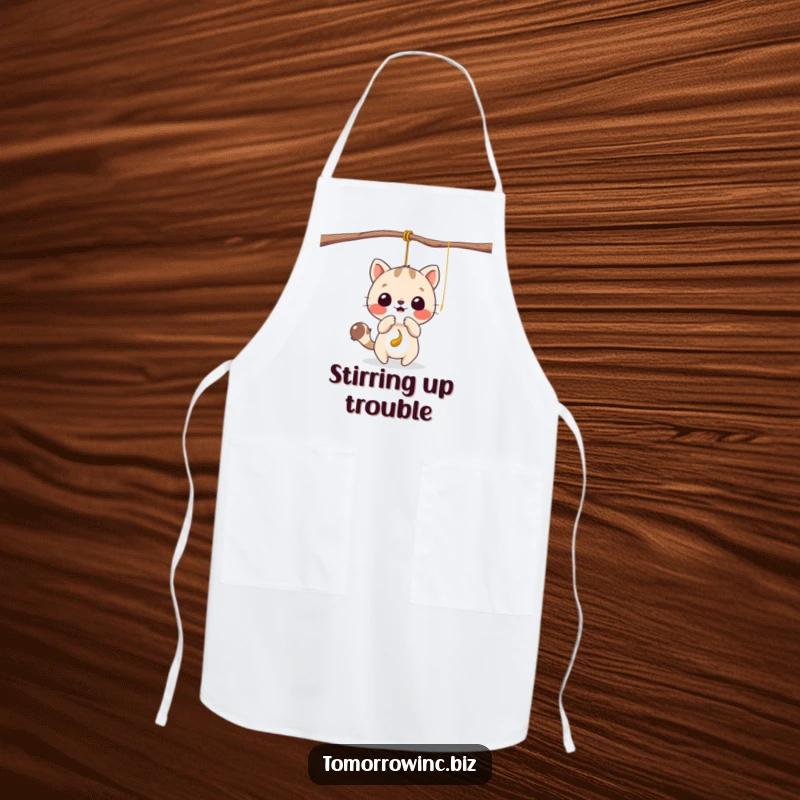 Funny apron showcasing a cute animal character playfully batting at a tempting, dangling string while cooking.