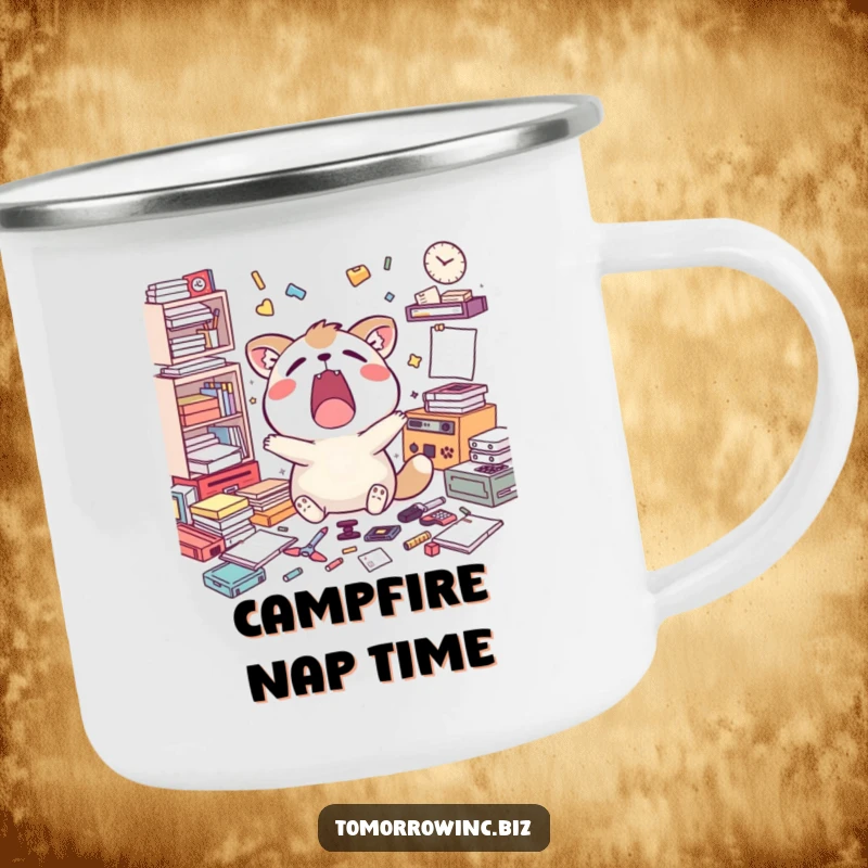 Funny camping mug showing a happy animal character yawning widely amidst scattered unfinished tasks, perfect for outdoor relaxation.