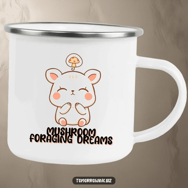 Funny Happy Animal Camping Mug: A small, happy animal dreams with closed eyes, its thought bubble shows a mushroom, outdoors.