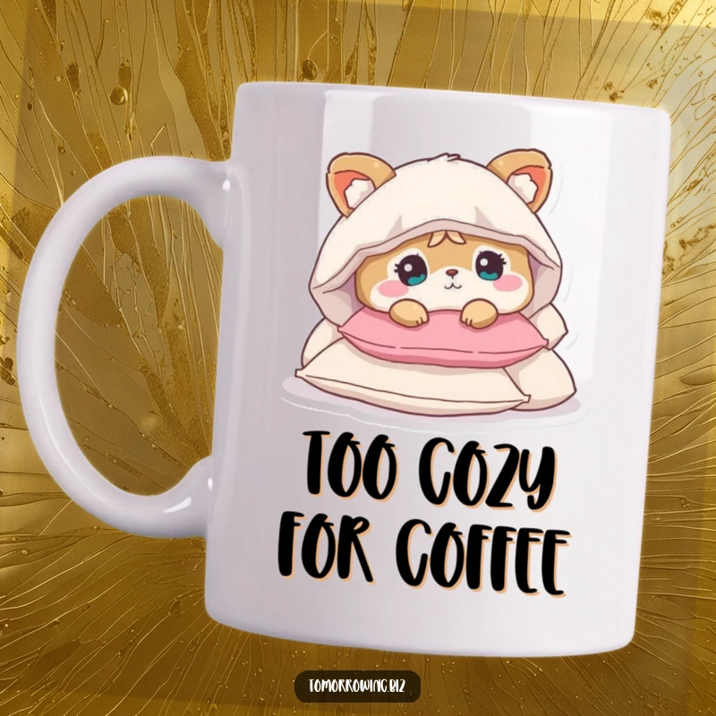 Funny mug showing a cute animal with a bewildered look, completely buried and lost within a soft pile of pillows.