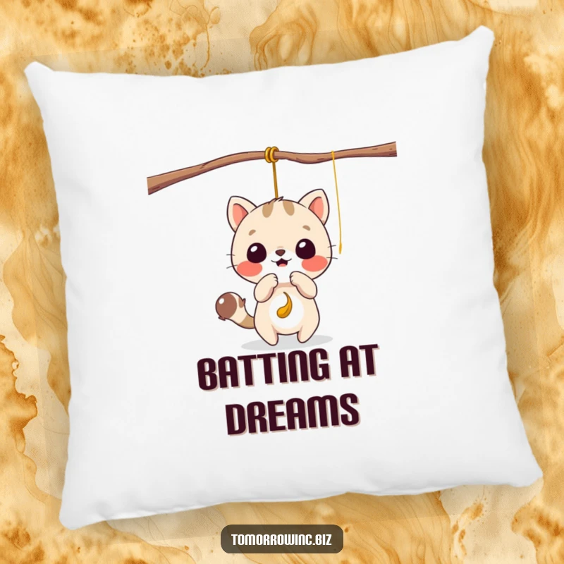 Funny pillow featuring a cute animal character hilariously batting at a dangling, tempting string with playful intent.
