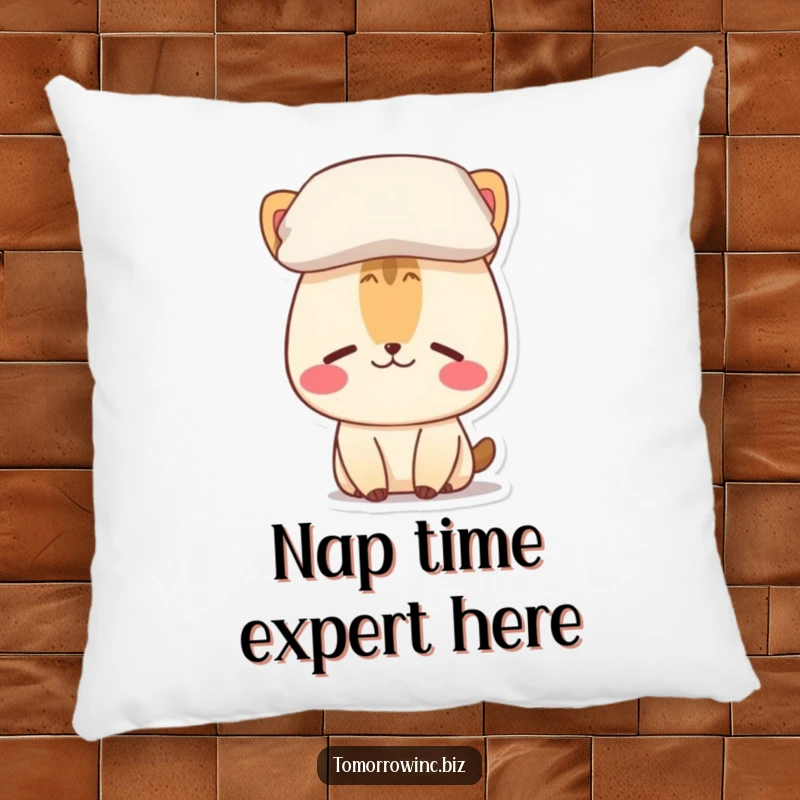 Funny pillow design featuring a confused animal character with a pillow balanced perfectly on its head, looking utterly lost.