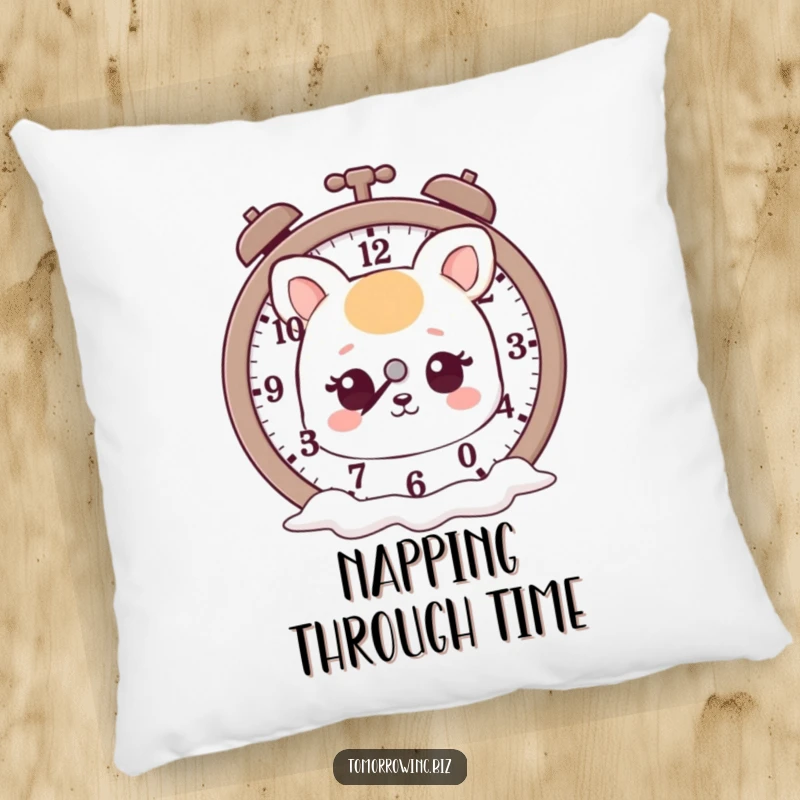 Funny pillow featuring a cute animal character with a dreamy expression, looking at a clock with melting hands, adding artistic flair.