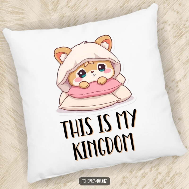 Funny pillow featuring a cute animal character looking bewildered, nestled deep within a luxurious pile of soft pillows.