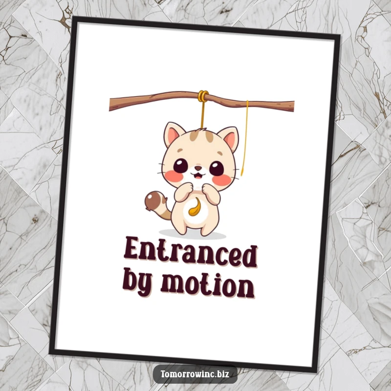 Funny digital art print of a cute animal character playfully batting at a tempting dangling string, full of energy.