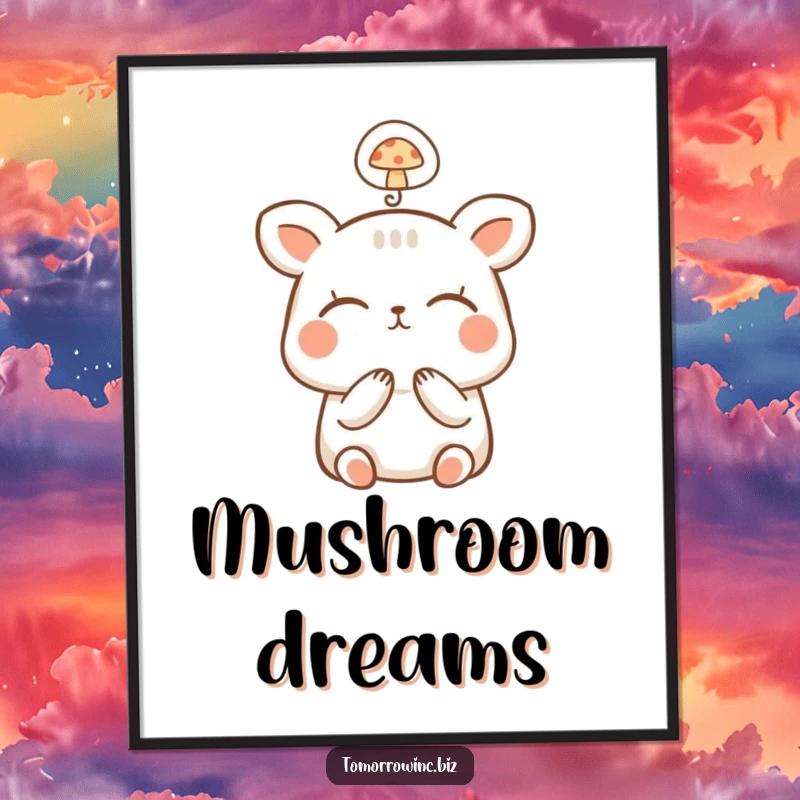 Funny Happy Animal Digital Art: A small, happy animal dreams with closed eyes, a tiny thought bubble contains a mushroom, full of magic.