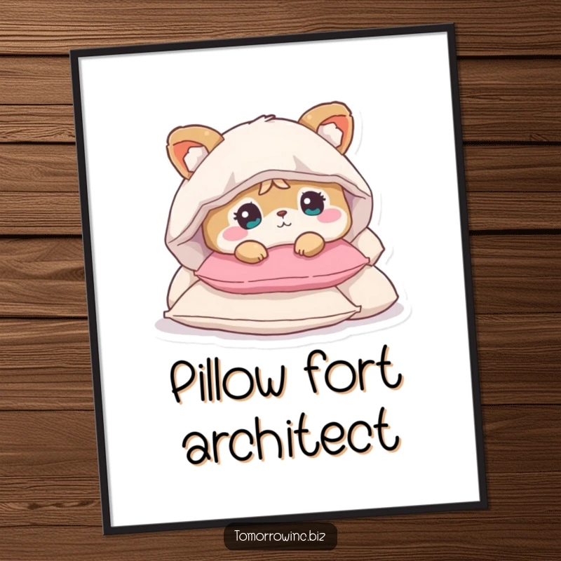 Funny digital art print of a cute animal character looking bewildered, buried under a large pile of soft pillows.