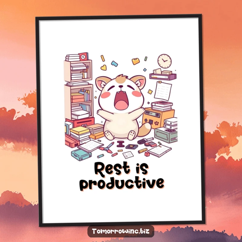 Funny digital art print of a happy animal character yawning widely, surrounded by scattered unfinished tasks, symbolizing exhaustion.