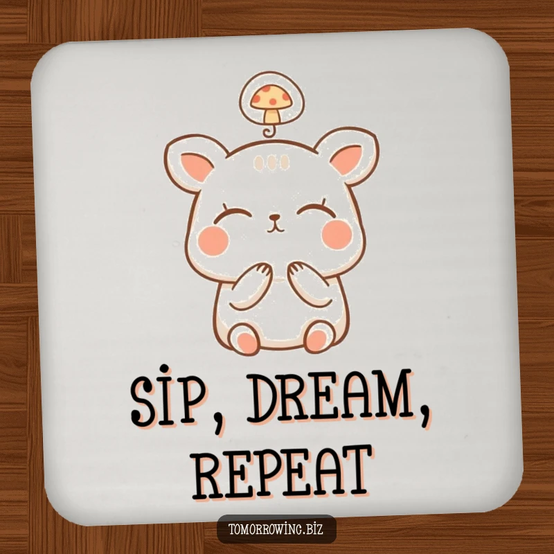 Funny Happy Animal Coaster: A small, happy animal dreams with closed eyes, its thought bubble shows a mushroom, protecting surfaces.