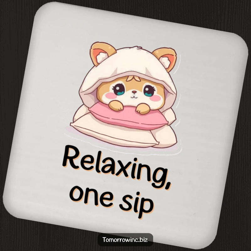 Funny drink coaster featuring a cute animal character looking bewildered, buried under a pile of soft pillows, adding whimsy.
