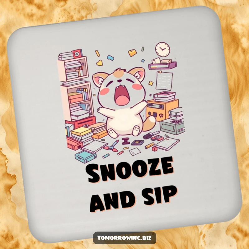 Funny drink coaster featuring a happy animal character yawning widely, surrounded by scattered unfinished tasks, adding whimsy.