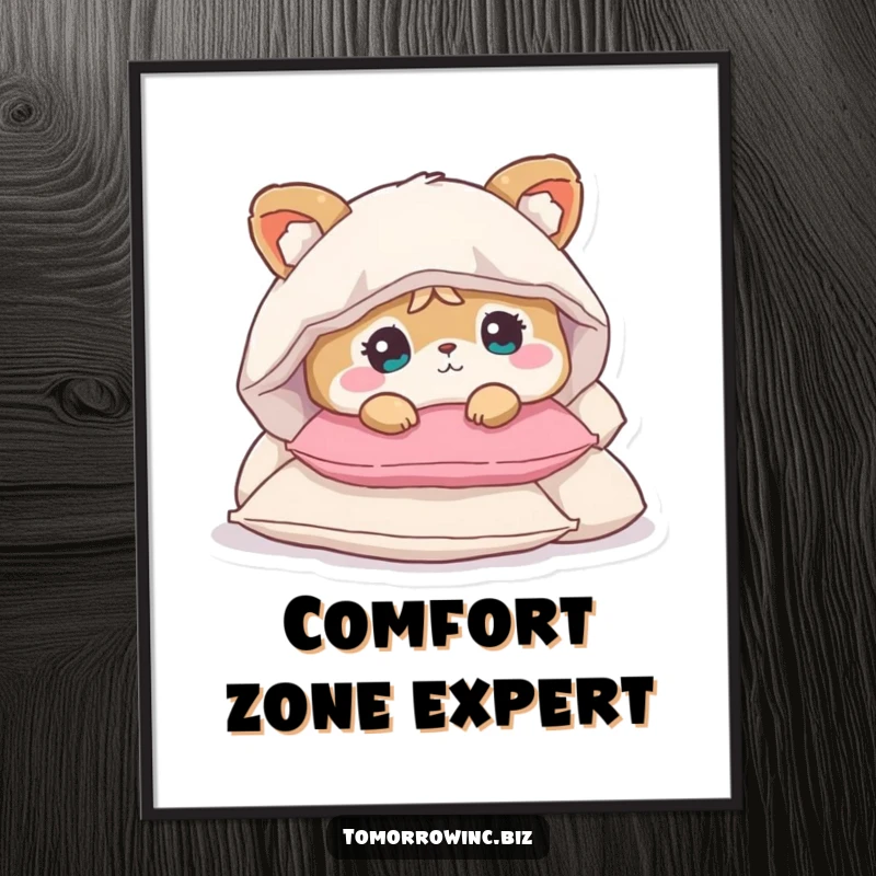 Funny poster art of a cute animal with a bewildered expression buried under a huge, soft pile of fluffy pillows.