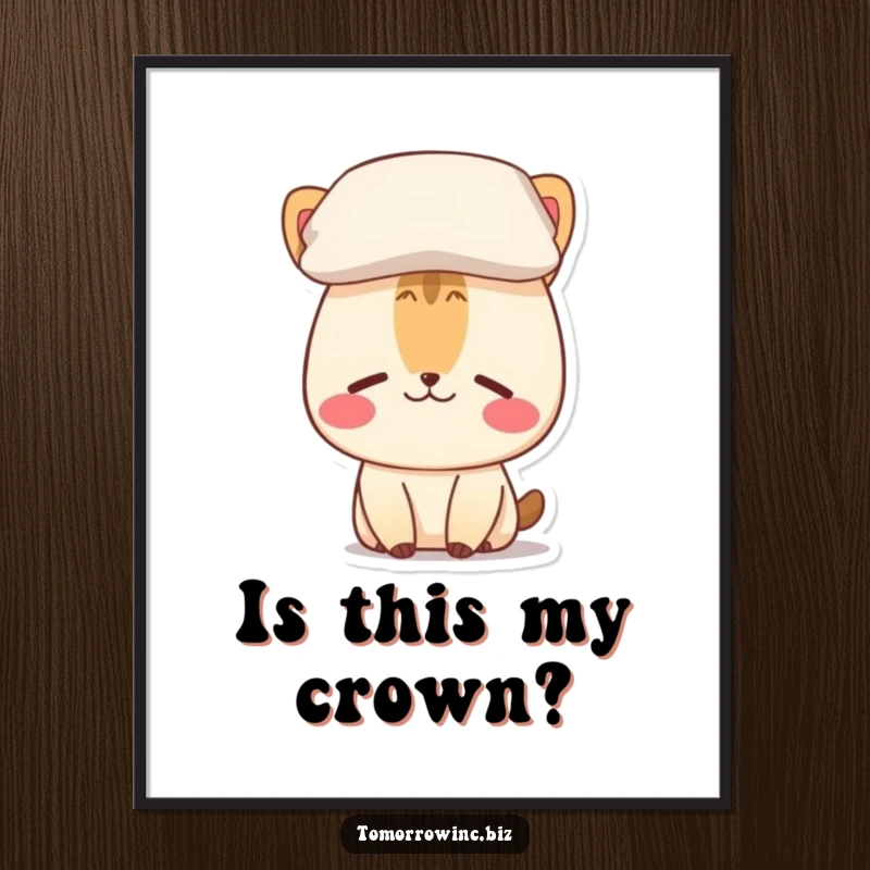 Funny poster art of a cheerful animal looking confused, a pillow perched comically on its head.
