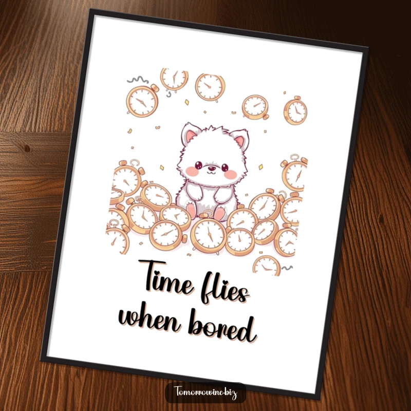 Funny Fuzzy Animal Poster: A cute, fuzzy animal with a blank stare sits among many clocks, symbolizing time's illusion.