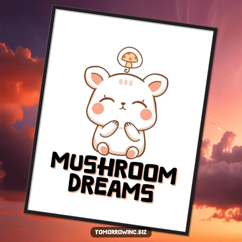 Funny Happy Animal Poster: A small, happy animal dreams with closed eyes, a tiny thought bubble contains a mushroom, inspiring wonder.