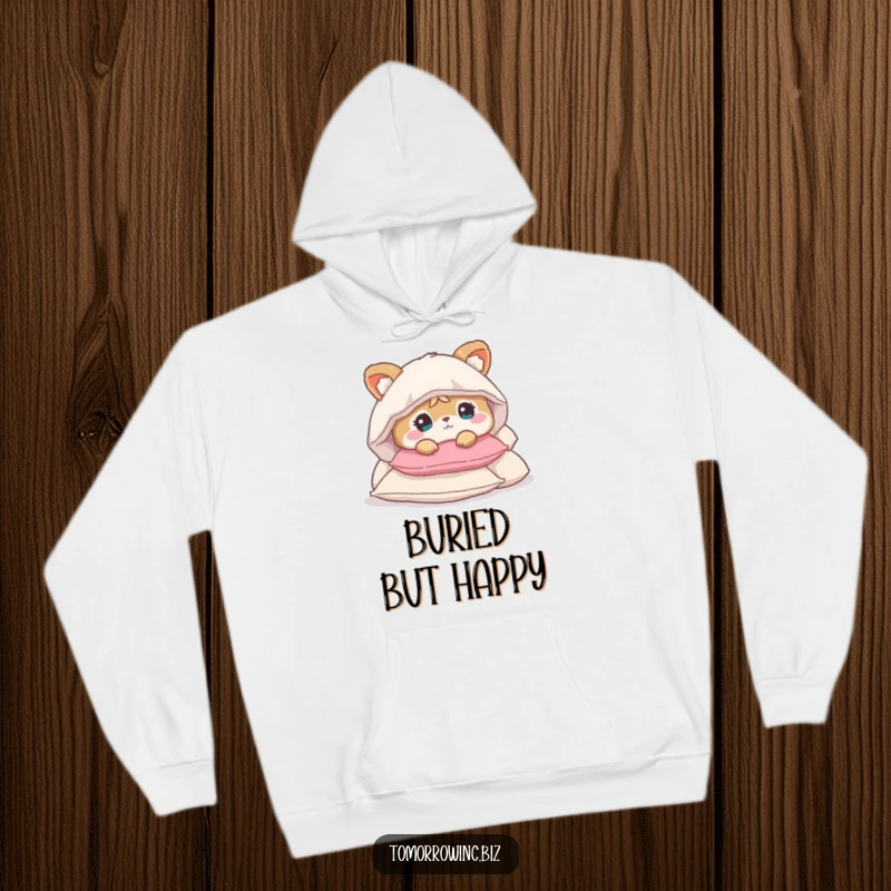 Funny hoodie featuring a cute animal character looking bewildered, completely submerged in a luxurious pile of soft pillows.