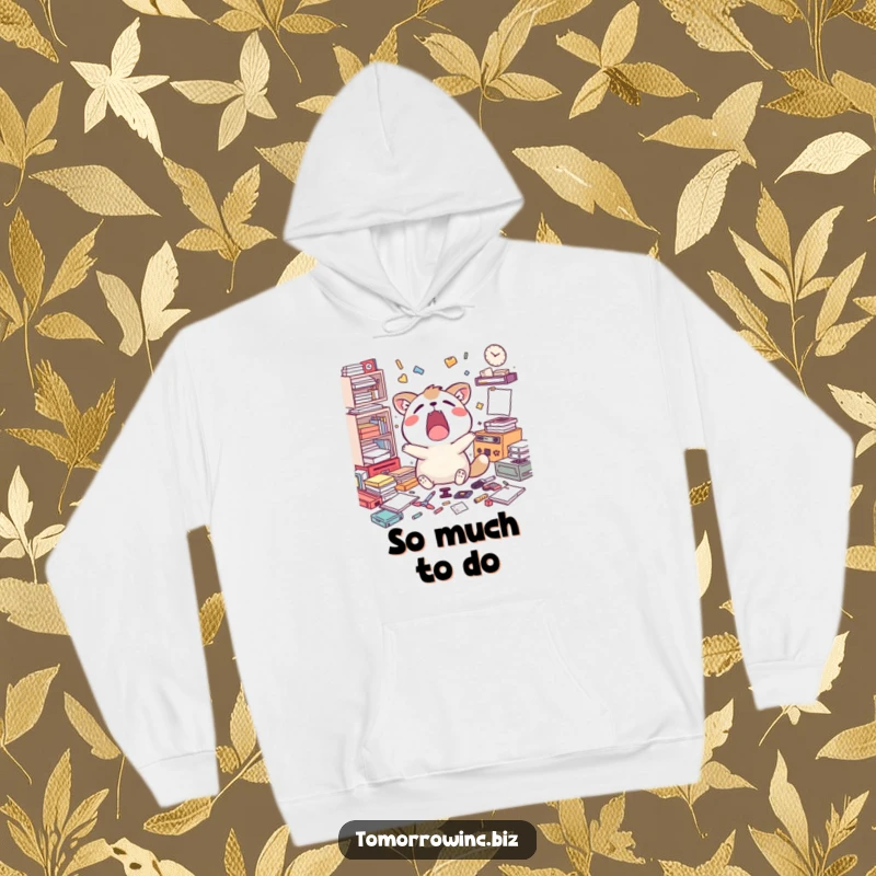 Funny hoodie featuring a happy animal character yawning widely amidst a scattering of unfinished tasks, embodying relatable fatigue.