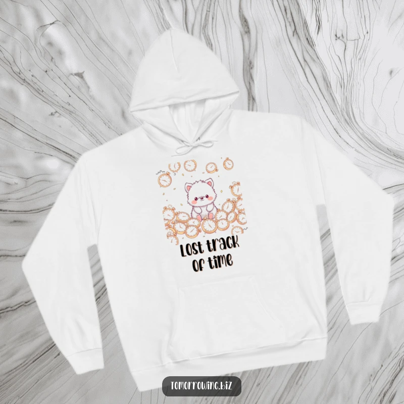 Funny Fuzzy Animal Hoodie: A cute, fuzzy animal with a blank stare sits surrounded by a heap of scattered clocks.