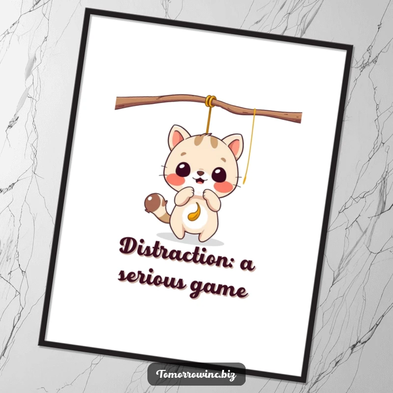 Funny free printable wall art: A cute animal playfully batting at a dangling, tempting string, full of joyful energy.