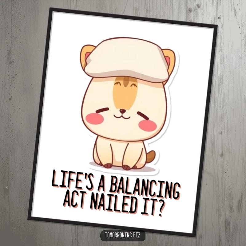 Funny free printable wall art: a bewildered animal with a pillow precariously balanced on its head, quirky decor