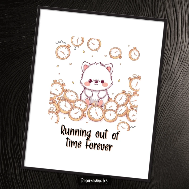 Funny Free Printable Fuzzy Animal Wall Art: Cute, fuzzy animal with a blank stare sitting amidst a chaotic pile of scattered clocks.