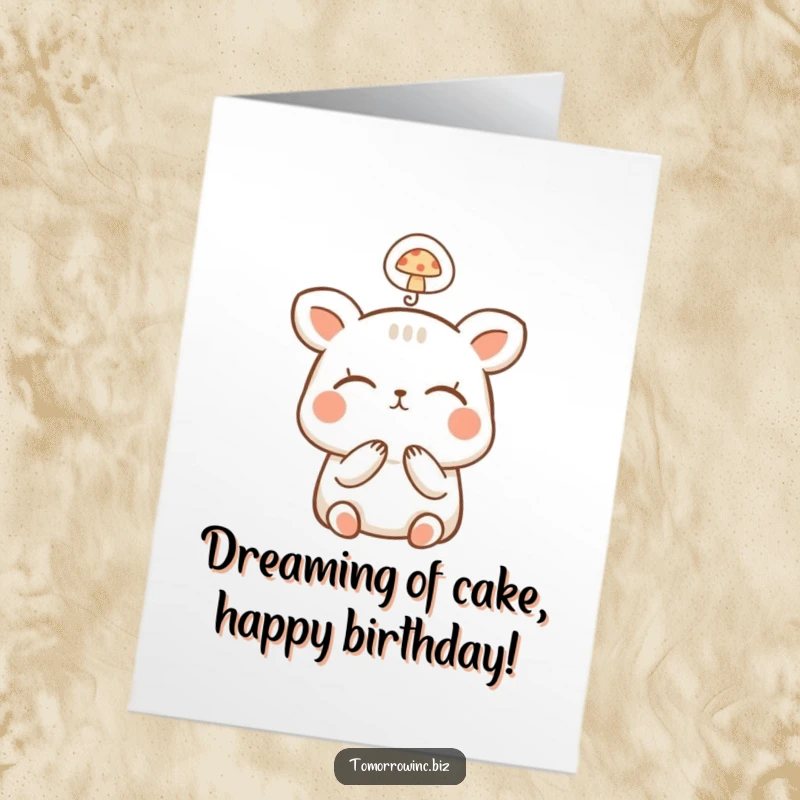 Funny Free Printable Happy Animal Birthday Card: Small, happy animal dreaming of a mushroom, closed eyes, with a thought bubble.