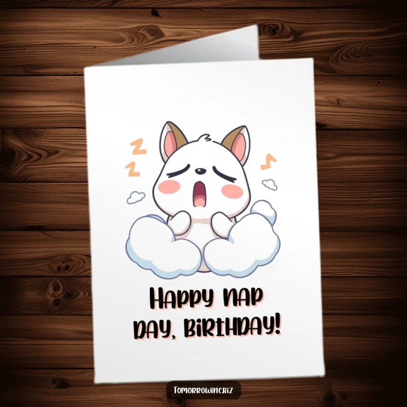 Funny Free Printable Sleepy Animal Birthday Card: Stylized animal with droopy eyelids yawning widely among soft, sleepy clouds.