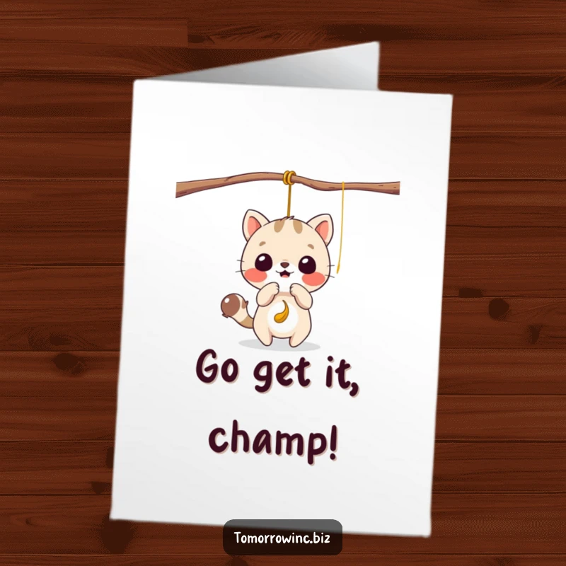 Funny free printable congratulations card: An animal cheerfully bats at a dangling string, symbolizing exciting pursuits.