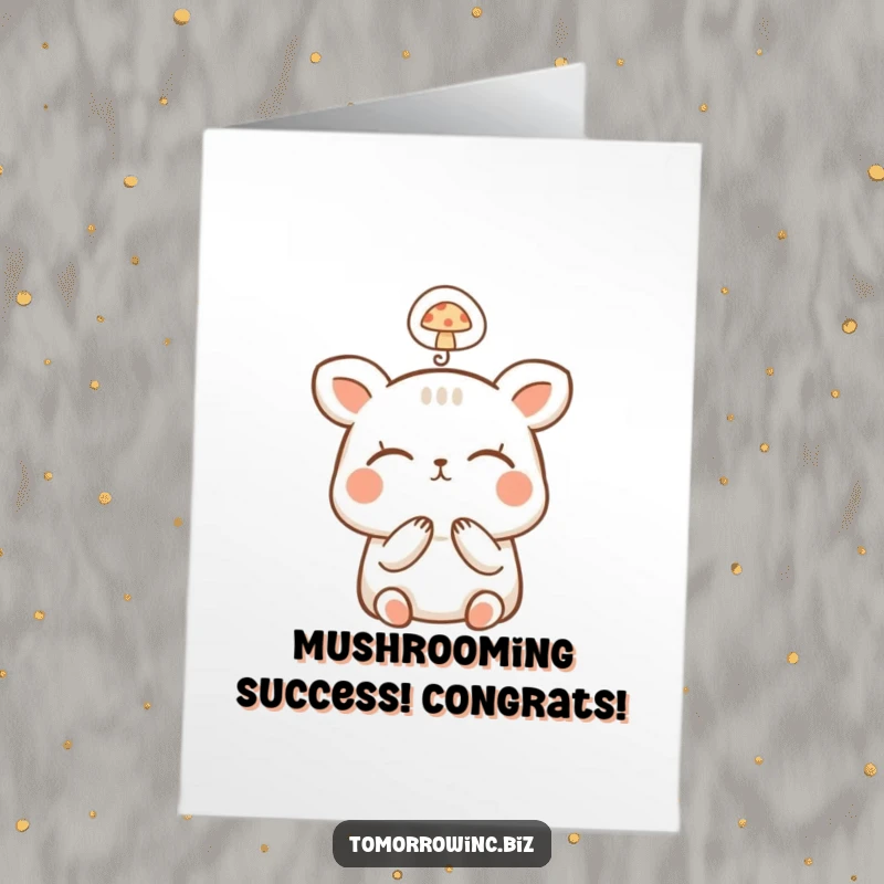 Funny Free Printable Happy Animal Congratulations Card: Small, happy animal dreaming with closed eyes, a thought bubble showing a mushroom.