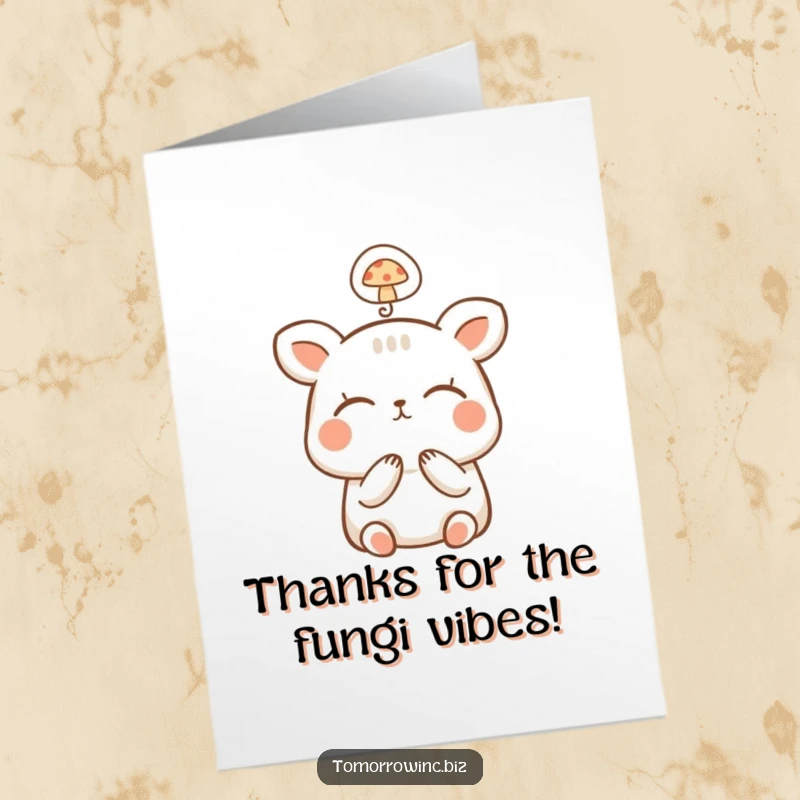Funny Free Printable Happy Animal Thank You Card: Small, happy animal dreaming with closed eyes, a mushroom in its thought bubble.