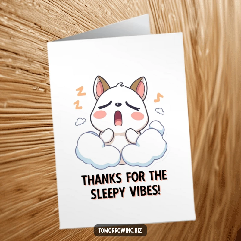 Funny Free Printable Sleepy Animal Thank You Card: Stylized animal with droopy eyelids yawning widely amidst soft, sleepy clouds.