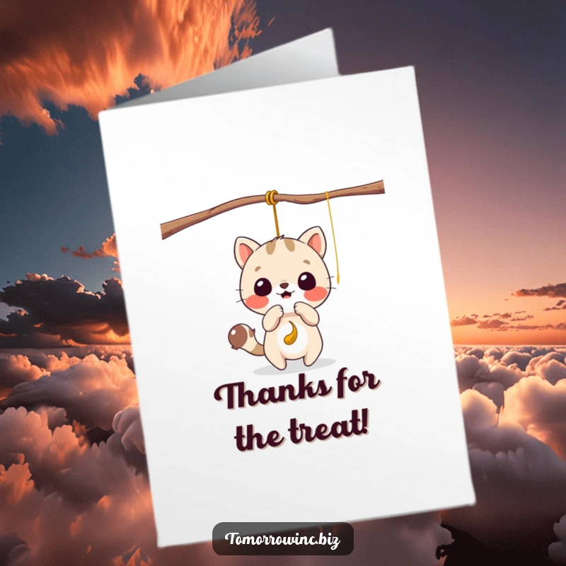 Funny free printable thank you card: A cute animal happily bats at a dangling string, expressing playful thanks.