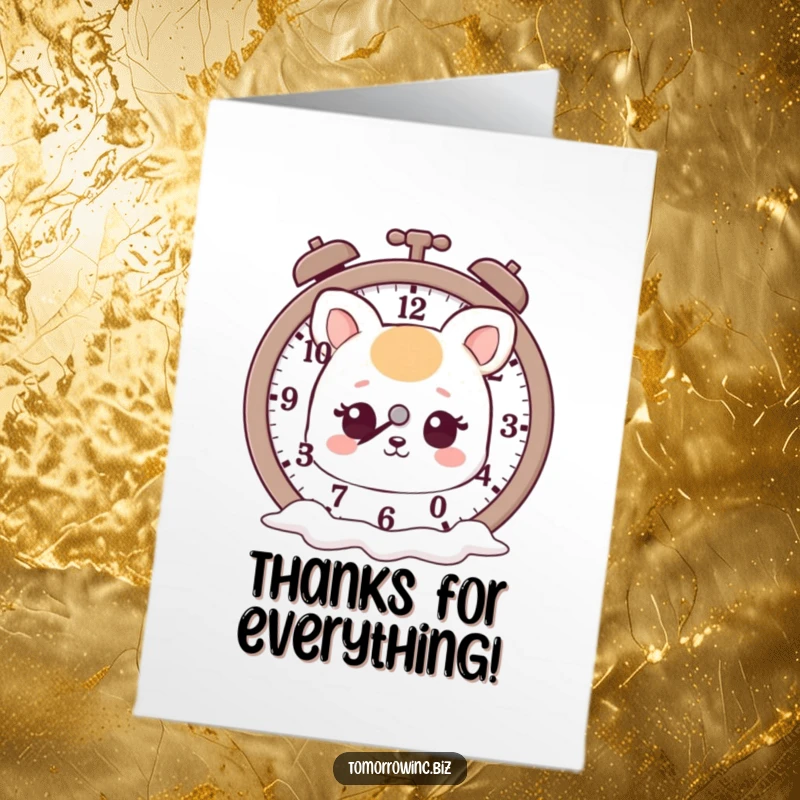 Funny free printable thank you card: A dreamy animal observes a melting clock, expressing thanks with surreal humor.