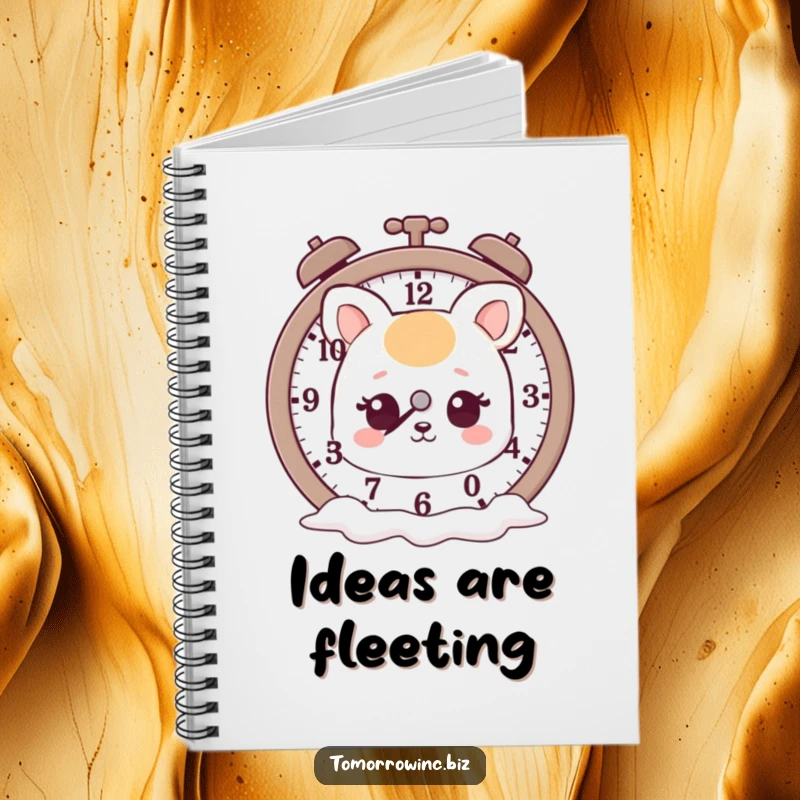 Funny notebook with a cute animal character, looking dreamily at a clock with melting hands, ready for your notes.