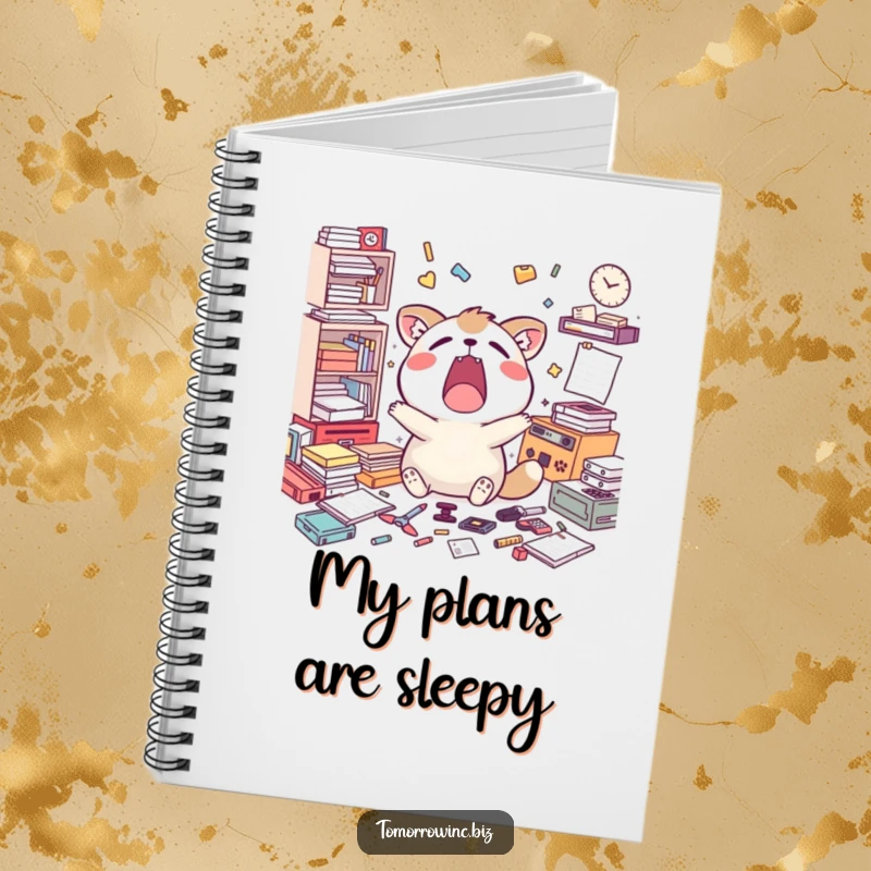 Funny notebook with a happy animal character yawning widely, surrounded by scattered unfinished tasks, ready for your notes.