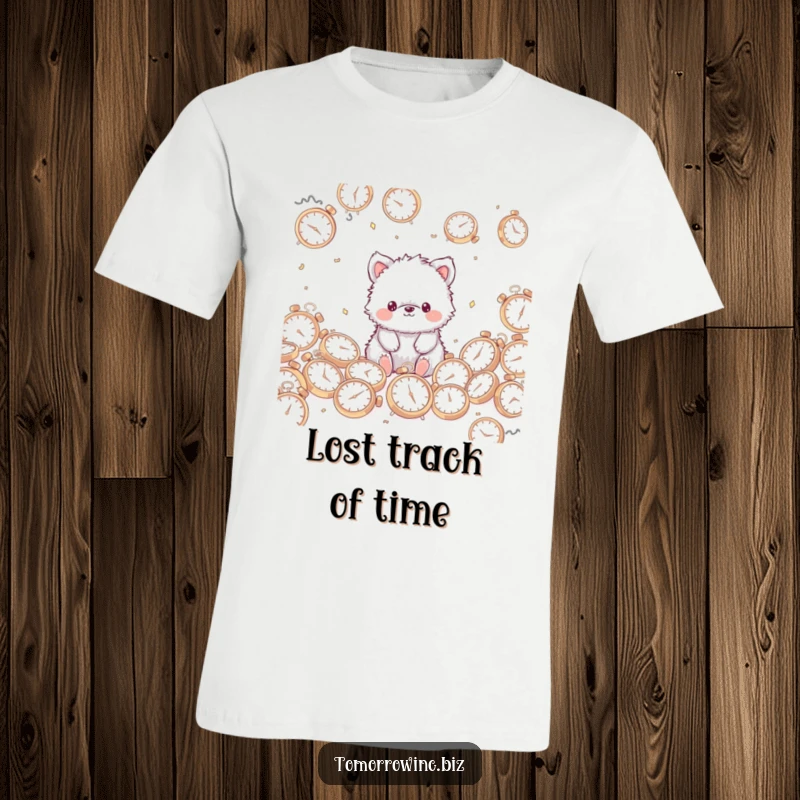 Funny Fuzzy Animal T-Shirt: A cute, fuzzy animal with a blank stare sits among many scattered clocks, lost in time.