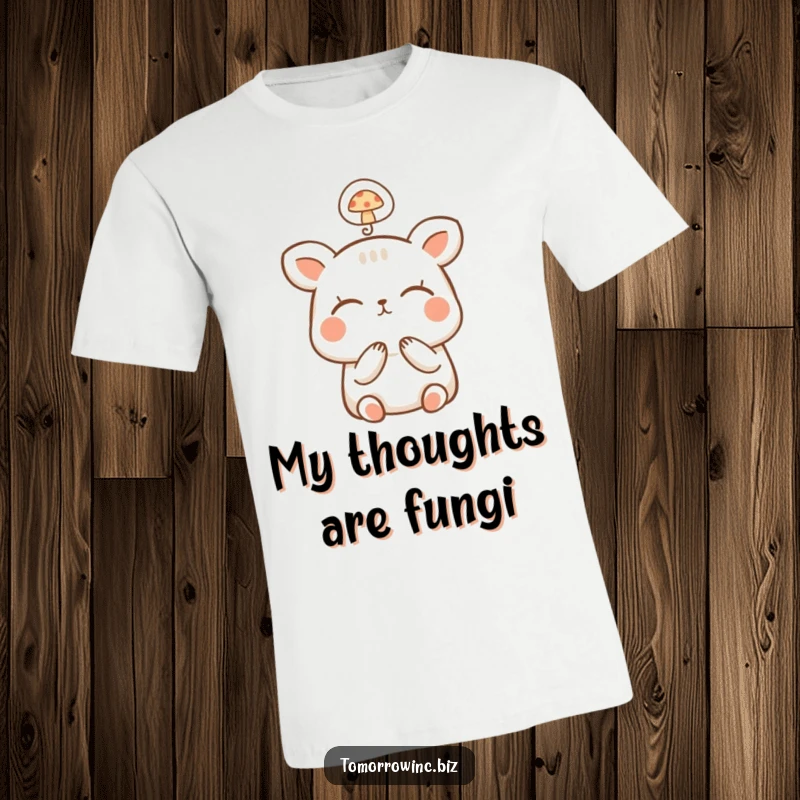 Funny Happy Animal T-Shirt: A small, happy animal dreams with closed eyes, a tiny thought bubble with a mushroom floats above.