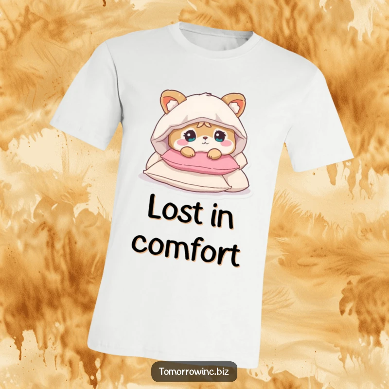 Funny t-shirt depicting a cute animal character with a bewildered expression, buried deep within a massive pile of soft pillows.