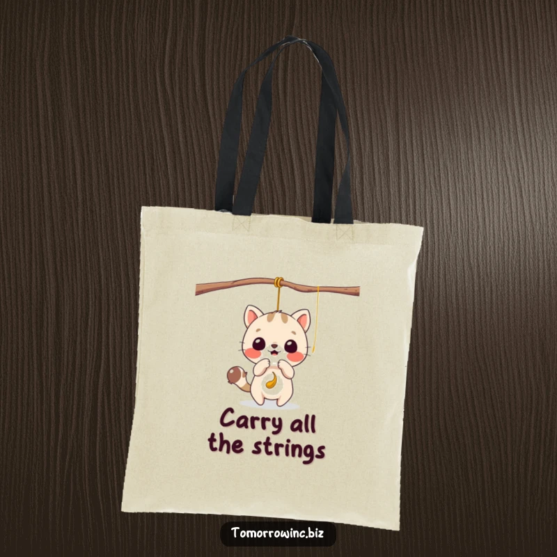 Funny tote bag with a cute animal character playfully focused on batting at a tempting dangling string.