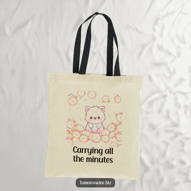 Funny Fuzzy Animal Tote Bag: A cute, fuzzy animal with a blank stare sits amidst scattered clocks, a symbol of time.