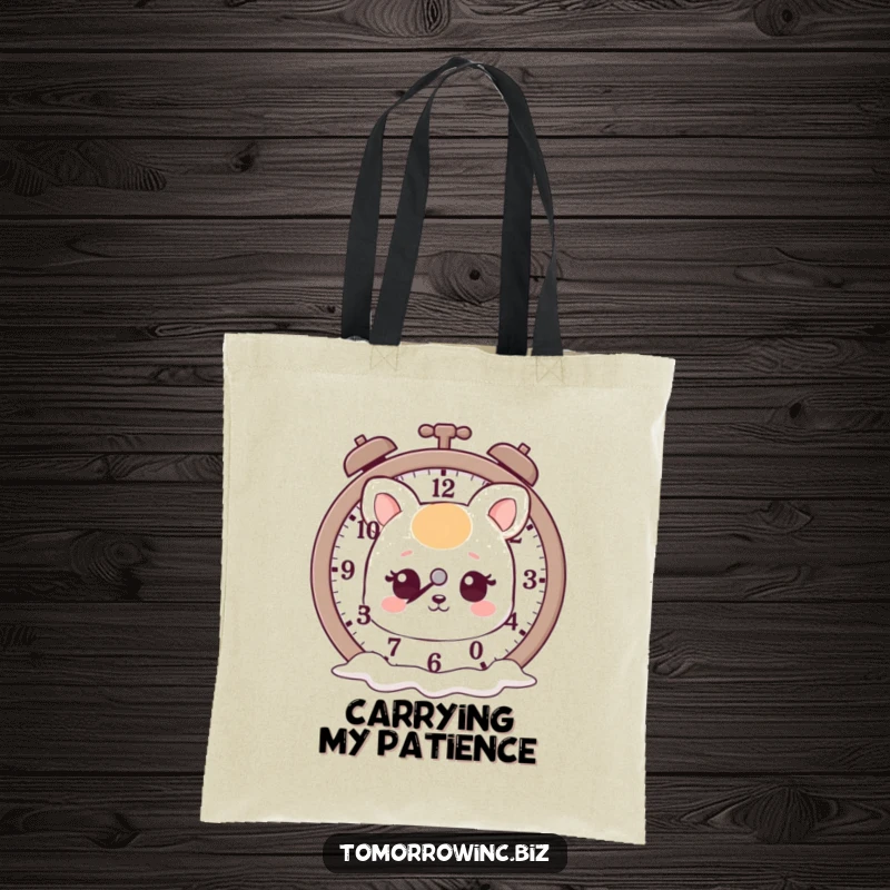 Funny tote bag showcasing a cute animal character contemplating a clock with dripping, melting hands, implying a relaxed sense of time.