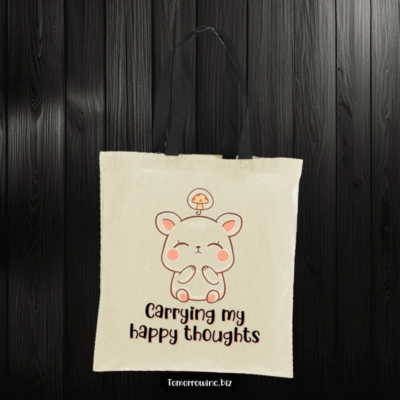 Funny Happy Animal Tote Bag: A small, happy animal dreams with closed eyes, its thought bubble shows a mushroom.
