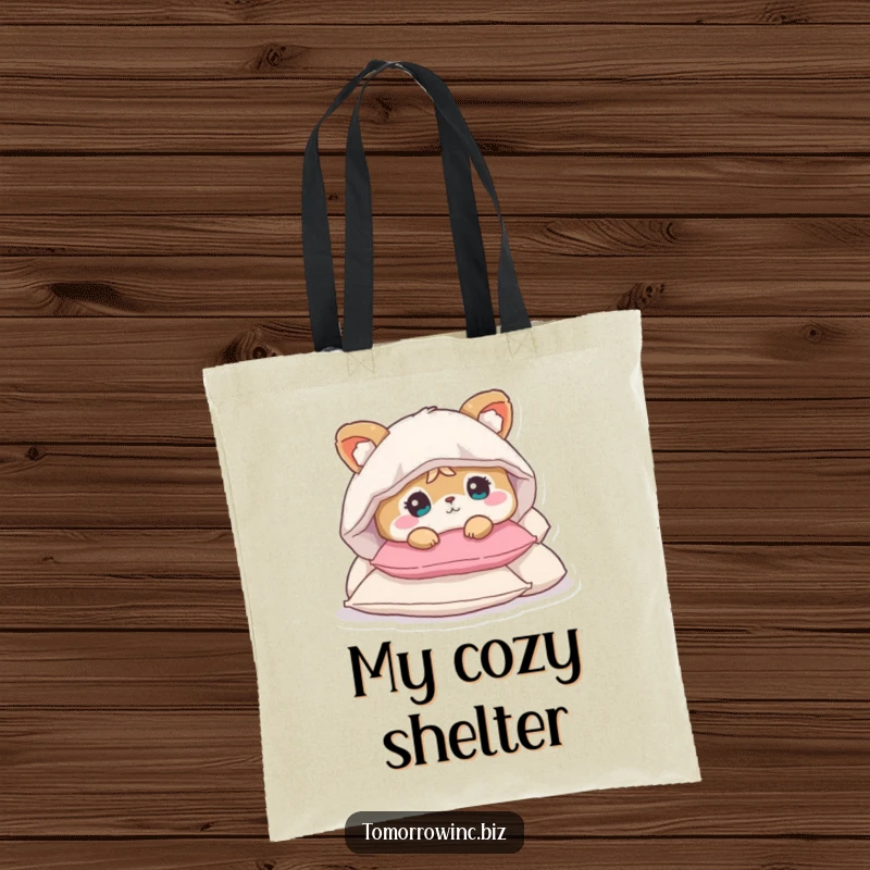 Funny tote bag with a cute animal character looking bewildered, buried under a large pile of soft pillows.